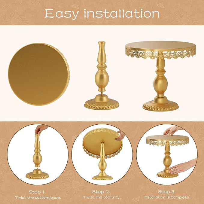 3 PCS Gold Cake Stands (8"&10"&12" Plate), Cupcake Stand With a lace hollow border Metal Cake Stand Set for Birthday Party, Wedding, Anniversary, Baby Shower