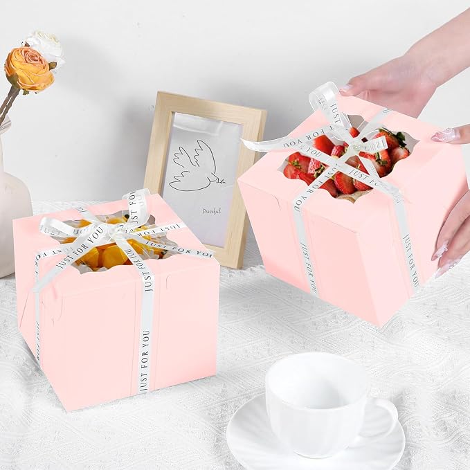 JCD 48PCS (24 Boxes &24 Boards) 8x8x5 Inches Pink Cake Boxes, Small Bento Cake Box, Mini Cake Boxes sets cake within 8'' Package for Pastries, Cupcakes, Birthday, Wedding(Pink8*8 * 5inch/24sets)