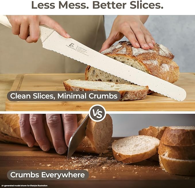 CoquusAid Upgrade Bread Knife for Homemade Bread, World‘s 1st Double Serrated Knife with 5 Thickness Adjustable Slicing Guide, Stainless Steel Bread Cutter, Razor Sharp for Sourdough, Creamy White