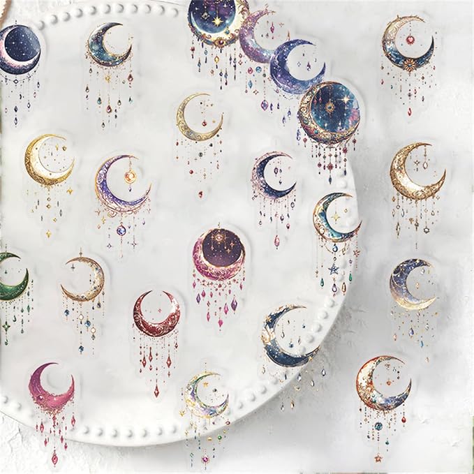 50PCS Dreamy Moon Crystal Gem Scrapbook Stickers Clear Celestial Vinyl Decals with Stars, Crystals & Galaxy Designs Aesthetic Stickers for Journaling, Planners, Crafts & Gifts (colourful-B10)