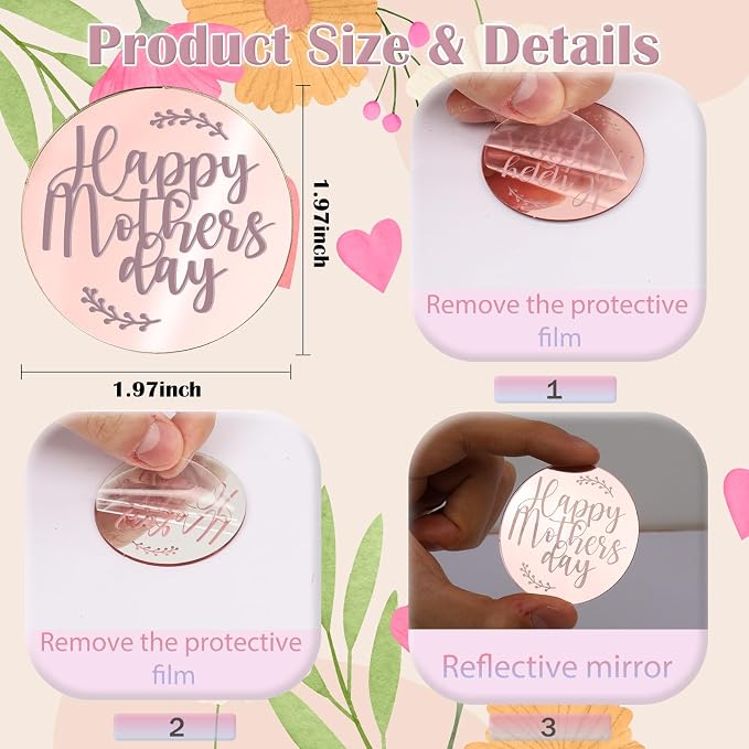 Wootkey 20 Pcs Acrylic Happy Mothers Day Cupcake Toppers Rose Gold Mirror Cake Toppers for Mothers Day Cake Decorations DIY Gift Dessert Arrangements Decor