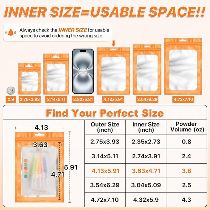 ANZNKU 100 Pack Orange Resealable Mylar Bags with Frosted Clear Window 4.13x5.91", Smell Proof Sealable Packaging Bags for Small Business, Foil Pouch Zip Goodie Bag for Candy Treat Jewelry