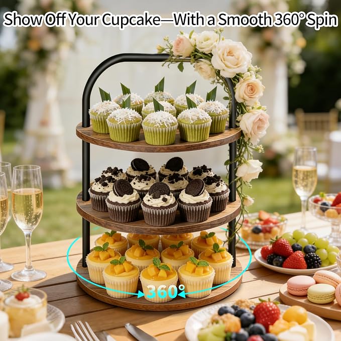 Cupcake Stand, 360° Rotating Wooden Cupcake Stand 3 Tier Large Dessert Table Display Set Cupcake Tower Tiered Tray Stand Serving Tray for Party Supplies Vendor Display Farmhouse Decor