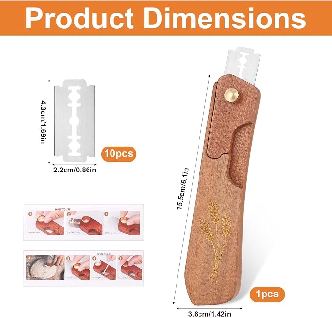Penitue Bread Dough Scoring Tool, Professional Wooden Sourdough Lame with with 10 Stainless Steel Razor Blades Bread Dough Knife for Bake Making Supplies Accessories