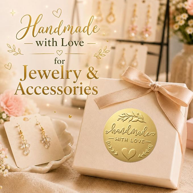 100PCS Handmade with Love Stickers, Matt Gold Foil Labels for Small Business Packaging, Bakery Cookies, Gift Wrapping, Candy Table, Wedding Baby Shower Party Favor Stickers.1.6 inch (Full Gold)