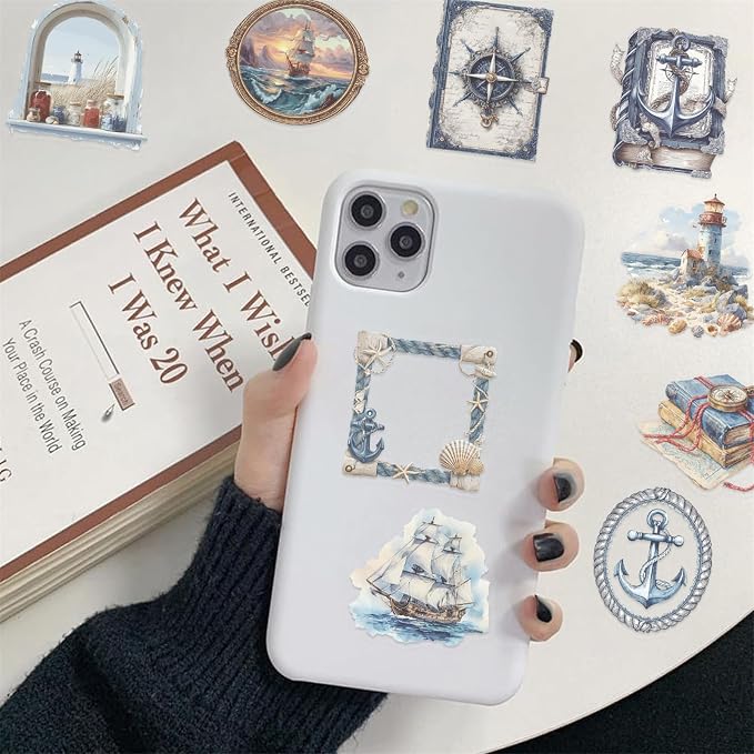 Retro Nautical Stickers,50Pcs Realistic Transparent Nautical PET Stickers,Cute Waterproof Sticker for Laptop,Stationery,Luggage Scrapbooking,Water Bottles,Phone Case,Travel Themed Party Decorations