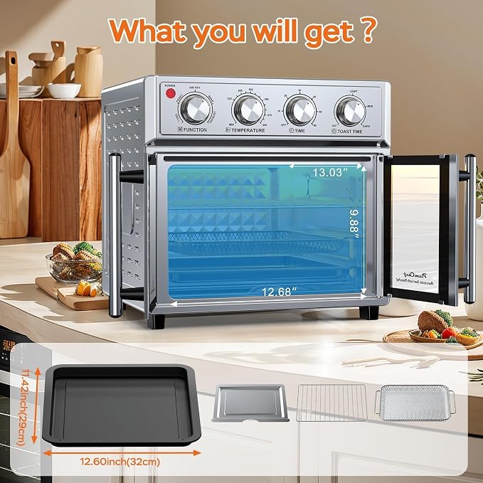 PlumChef 27.5 Qt Air Fryer Convection Toaster Oven, Stainless Steel | Extra Large, 6 Slices, French Door, 1700W, Multifunction: Air Fry, Toast, Grill, Defrost, Bake