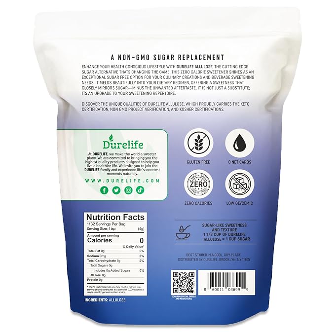 Durelife Allulose sweetener, 10 lb 100% Pure No Erythritol powdered Sugar Substitute, NON-GMO Project Verified, Keto Certified, OU kosher, No Fillers, Zero Calories sugar alternative 10 Lbs