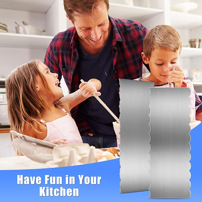Geiserailie 4 Pieces Stainless Steel Cake Ice Scraper Metal Smoother Large Double Sided Patterned Edge Stripe 9 Inch Metal Cake Decorating Comb for Icing Mousse Butter Cream Decoration, 4 Styles