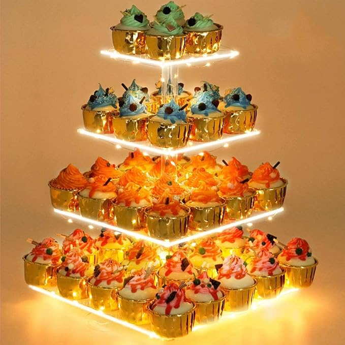 YestBuy Cupcake Stand with Yellow LED Lights, 4 Tier Cupcake Stand for 50 Cupcakes, Acrylic Cupcake Tower Stand, Clear Tiered Cupcake Holder for Birthday Candy Bar Décor Weddings, Parties Events