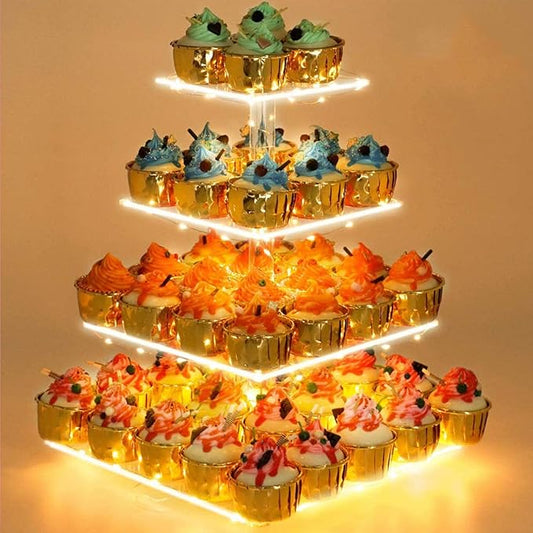 YestBuy Cupcake Stand with Yellow LED Lights, 4 Tier Cupcake Stand for 50 Cupcakes, Acrylic Cupcake Tower Stand, Clear Tiered Cupcake Holder for Birthday Candy Bar Décor Weddings, Parties Events