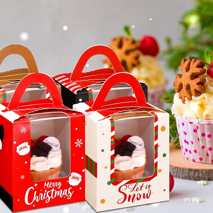 TaoBary 24 Pcs Christmas Cupcake Boxes Xmas Individual Cupcake Box Christmas Cookie Boxes with Window Insert Handle Muffin Pastry Holder Bakery Treat Box for X-mas Party(Bear)