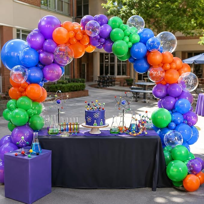 Science Balloon Arch Kit, 122Pcs Purple Dark Blue Green Orange Transparent Colorful Balloons for Boys Science Birthday Party Lab Scientist Lab Classroom Decorations