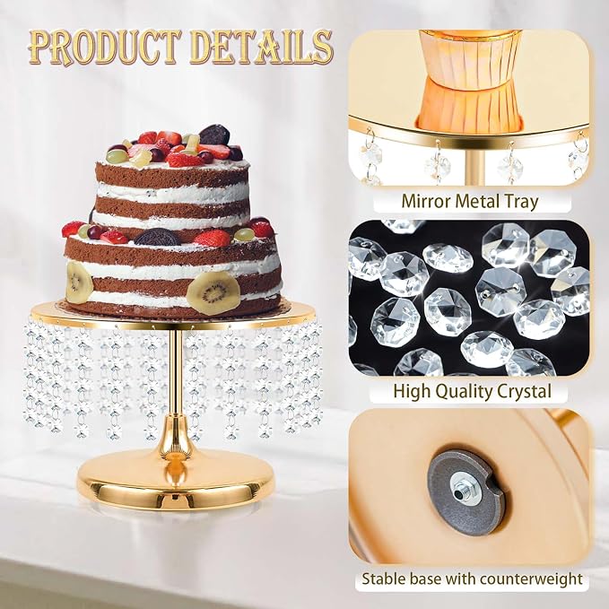 2 Pcs Gold Metal Mirror Cake Stand Set with Crystal Pendants - 11.8"W Elegant Dessert Table Display for Weddings, Birthday Parties, Baby Showers, Events - Sturdy Crystal Bling Cupcake Stands for Pastries, Sweets, Decorations