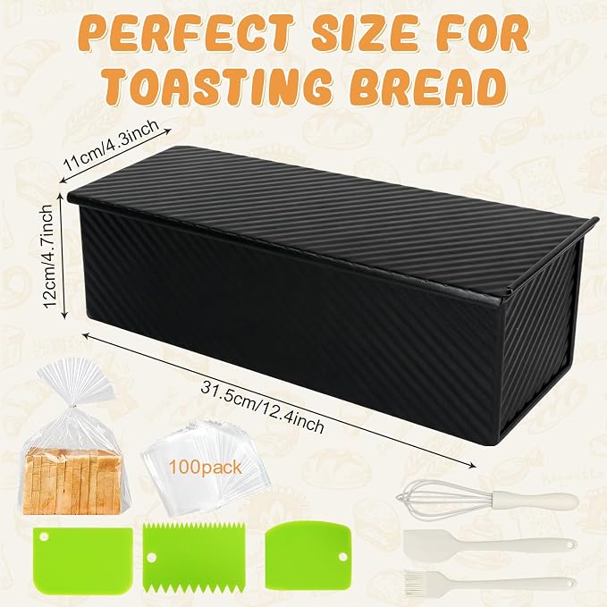 Pullman Loaf Pan with Lid,Non-Stick Carbon Steel Corrugated Toast Mold with Plastic Spatula and Basting Pastry Brush,1 LB Dough Capacity for Homemade Sandwich and Sourdough Bread(Black)