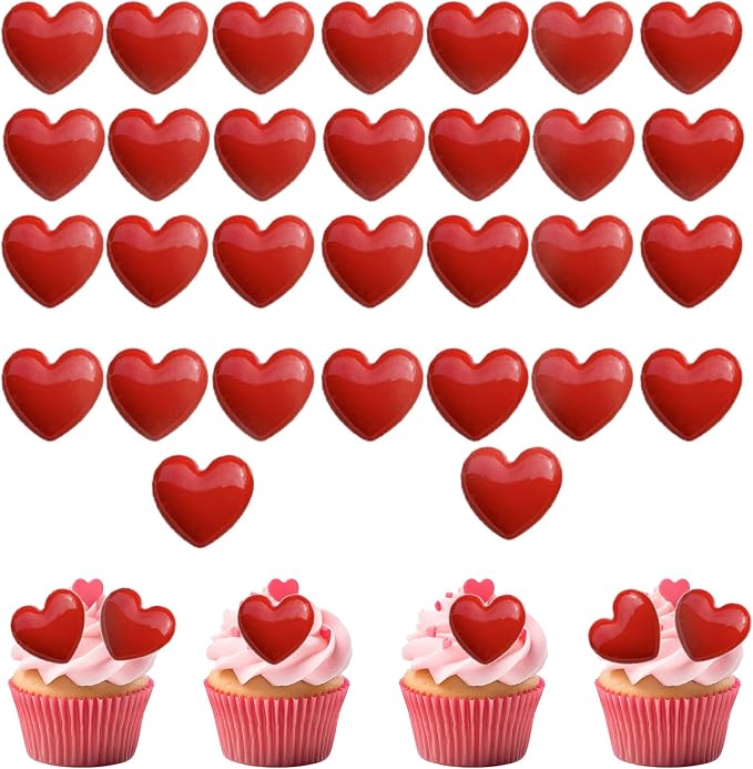30PCS Resin Valentines Day Heart Cupcake Toppers Red Heart Cupcake Picks Happy Valentine's Day Heart Cake Decor for Valentine's Day Theme Party Decoration Supplies