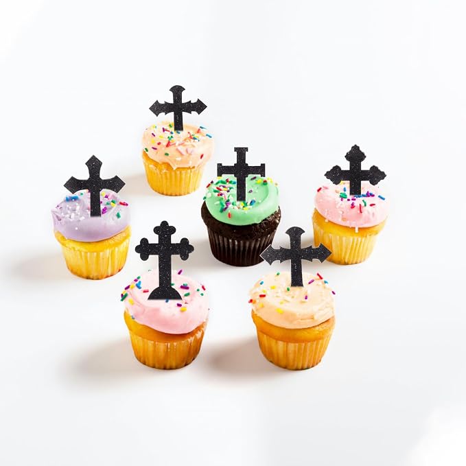 60 PCS Edible God Bless Cross Cupcake Toppers Christian Baptism God Bless Cupcake Picks Edible Cross First Communion Cake Decorations for Religious Theme Baby Shower Birthday Party Supplies Black