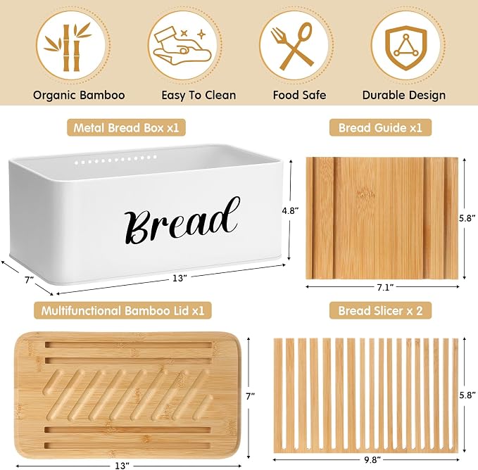 Bread Box with Bread Slicer Storage Container for Kitchen Countertop Food Storage with Multifunction Bamboo Lid, 3 in 1 Breadbox Removable Cut Board for Loaf Slicing (White,Wood, Metal,Bamboo)