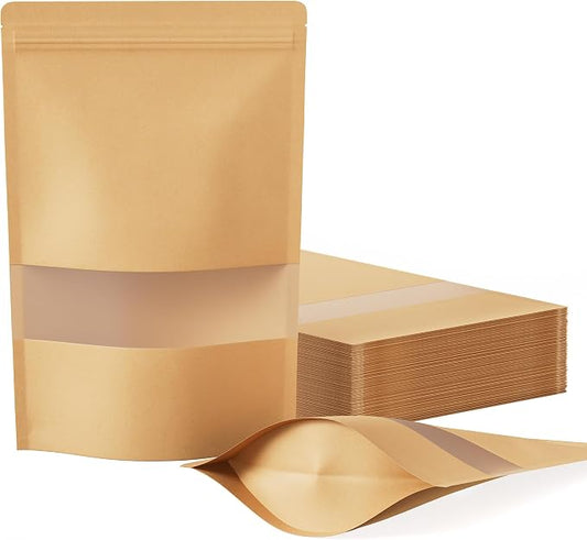FireKylin 100 Pcs Resealable Bags, Paper Stand Up Pouches Bags with Matte Window for Small Businness, Zipper & Heat Sealable Treat Bags for Packaging(Inner Size 7.2" x 8.5"; Outer Size 7.9" x 11.8")