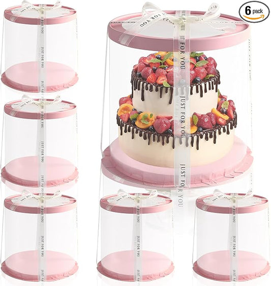 JCD Pink Multi-Layer 10 * 10 Inch Round Clear Cake Boxs with Ribbon,6 Pack Tall Transparent Packaging Cake Containers PET Cake Carrier Box for Birthday (Pink, Round 10inch/6pcs)