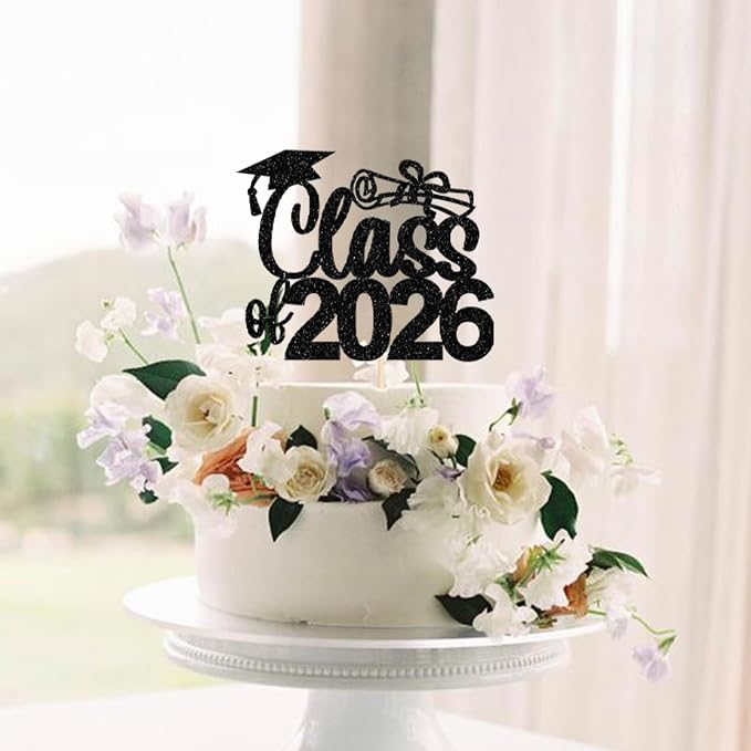 1 Pack Class of 2026 Cake Topper Glitter Congrats 2026 Graduation Cake Pick for Graduation Grad 2026 Theme Boys Girls Graduate Party Cake Decorations Supplies Black