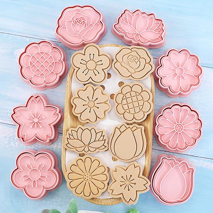 8 Flower Cookie Cutter, 3D Spring Floral Cookie Cutters with Tulip, Daisy, Sunflower, Rose, Cherry blossoms Shapes, Homemake Baking Tools for Mother's Day, Valentine, Holiday DIY Cookies (Flower Head)