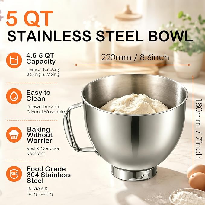 5QT Stainless Steel Mixer Bowl for KitchenAid Tilt Head Stand Mixer | Fits 4.5-5 Quart Models, for KitchenAid Mixer Bowl, for KitchenAid Accessories and Attachments, Dishwasher safe