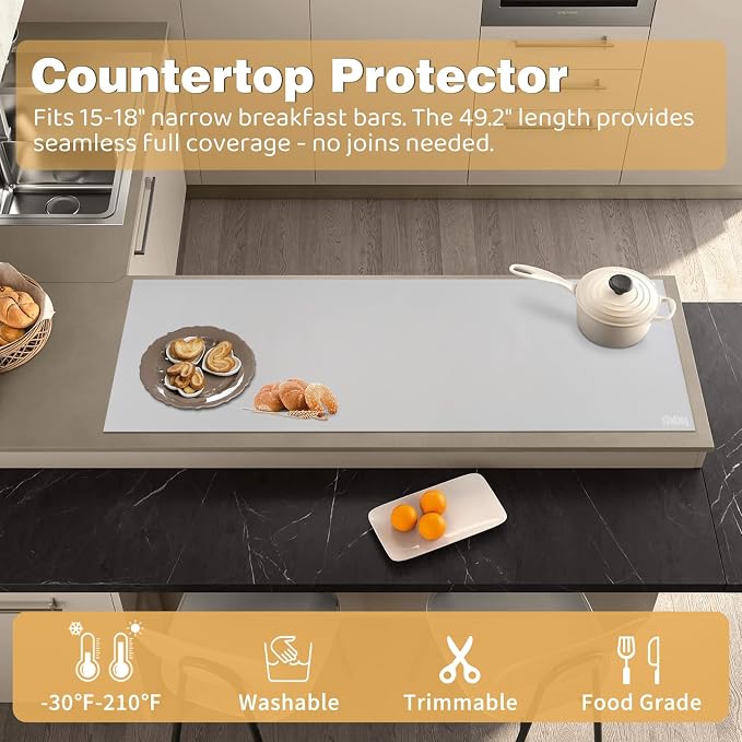 49.2" x 15.7" Large Silicone Mat for Kitchen Counter Protector, Cuttable Silicon Countertop Protector Mat Heat Resistant Mats for Countertop, Cut to Fit Placemat Ship Roll by Foepoge, Gray