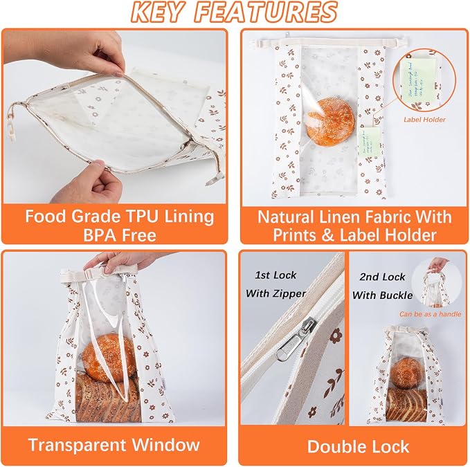 ORORIN Reusable Bread Bags for Homemade Bread,Linen Sourdough Bag Storage Container with Clear Window,Zipper Freezer Bags to Keep Fresh,Sourdough Accessories,2-Pack (Patented)