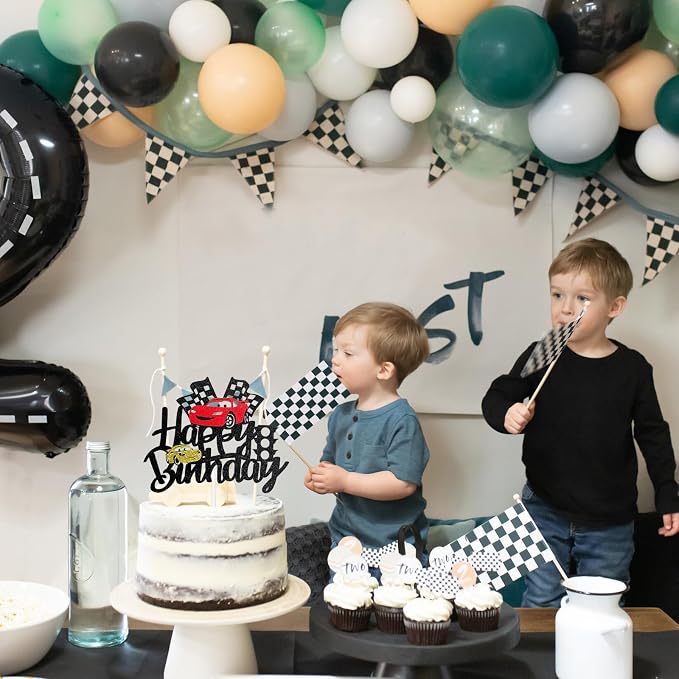MEMOVAN Car Birthday Cake Topper Race Car Cake Decoration for Boy Girl Man Racing Car Checkered Flag Themed Birthday Party Supplies Double Sided