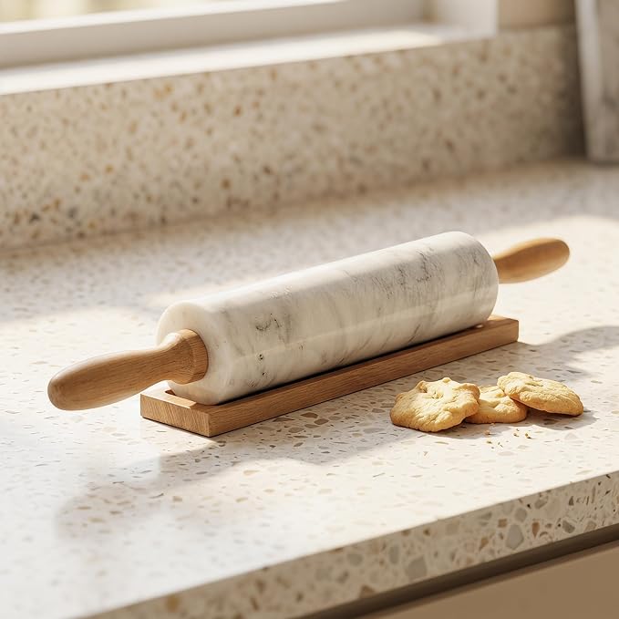 White Marble Rolling Pin for Baking 8inch Barrel，Dough Roller | With Wooden Handles & Wood Cradle, Non-Stick Dough Roller for Pizza, Pasta, Fondant, Pie Crust, Pastry & Cookies