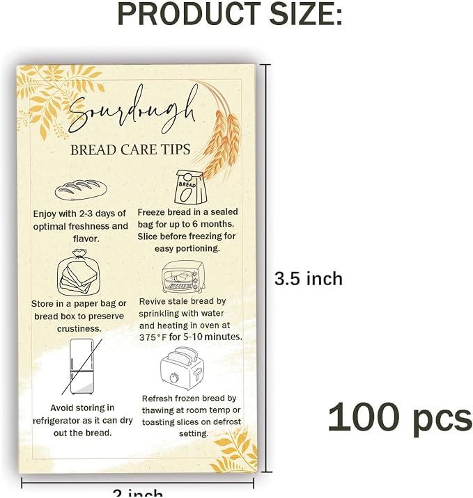 100 Pack Sourdough Bread Care Instruction Cards 2x3.5 Inch StorageTips Cards Bakery Starter Client Packaging Cards Dessert Cake Baking Supplies