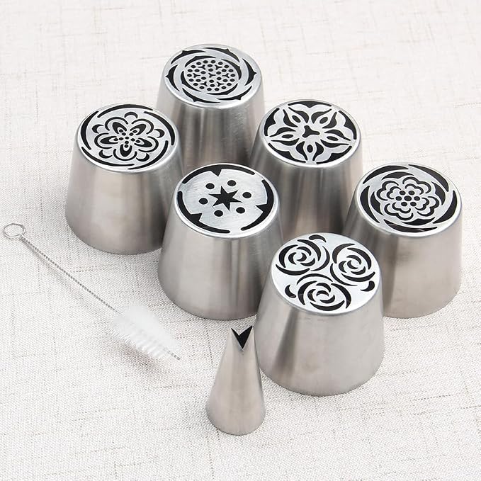 8 Pieces Stainless Steel Extra Large Russian Tulip Icing Tips Kit, 6 Russian Cupcake Dessert Marshmallow Piping Nozzle,1 Cleaning Brush,1 Medium Leaf Icing Tip for Cake Decorations,Pastry Baking Tools