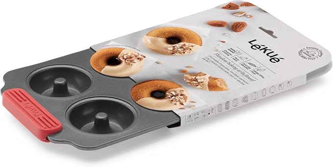 Lékué Non-Stick 6 Hole Donut Mold - Carbon Steel Oven Baking Pan with Platinum Silicone Handles, Even Heat, Dual Non-Stick Ceramic Coating, Scratch Resistant, PFOA & PFA-Free, 12.2 x 7.1 x 1.2"