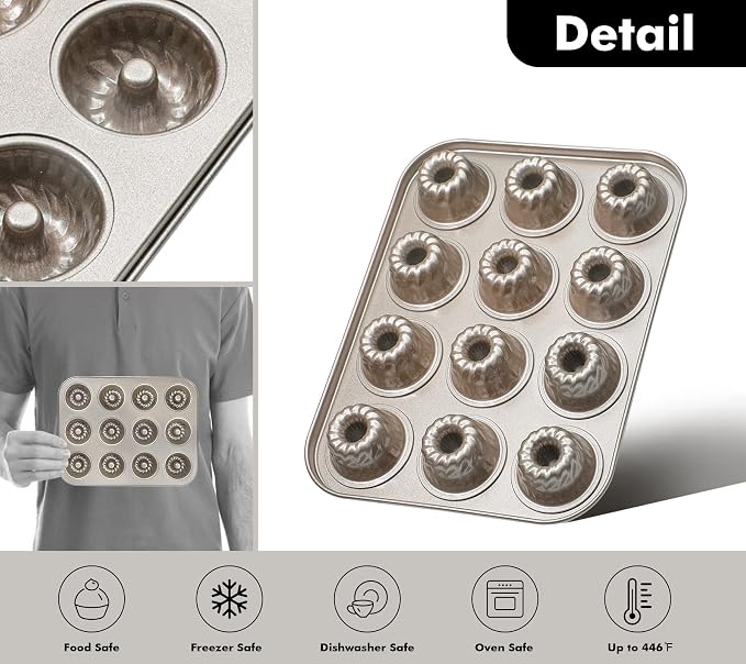 Webake 2 Pack Mini Fluted Tube Cake Pans, 12-Cup Non-stick Bite Size, 1.8 Inches Petite Fluted Cake Mold Heavy Gauge Carbon Steel