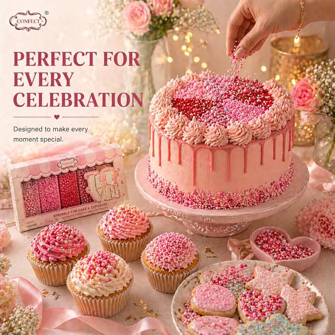 Confect Sprinkles for Cakes & Cupcakes Decoration Assorted pack of 5 Pink Pop Sprinkles Mix Blush Pink, Baby Suger & Coral Dragees Baby Pink Jimmies Vegan, Gluten-Free, Nut-Free, Soy-Free, Dairy-Free , Handcrafted Sprinkle- 5 Oz