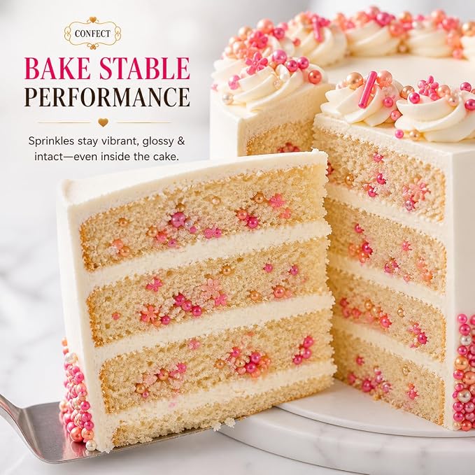 Confect Pretty in Pink, Gold & White Flower & Pearl Sprinkles Mix – Heart & Star Edible Sprinkles for Cakes, Cupcakes, Cookies – Valentine’s Day Baking Decorations – Pack of 5 - Vegan, Gluten-Free, Nut-Free, Soy-Free, Dairy-Free, Palm Oil-Free- 5 Oz
