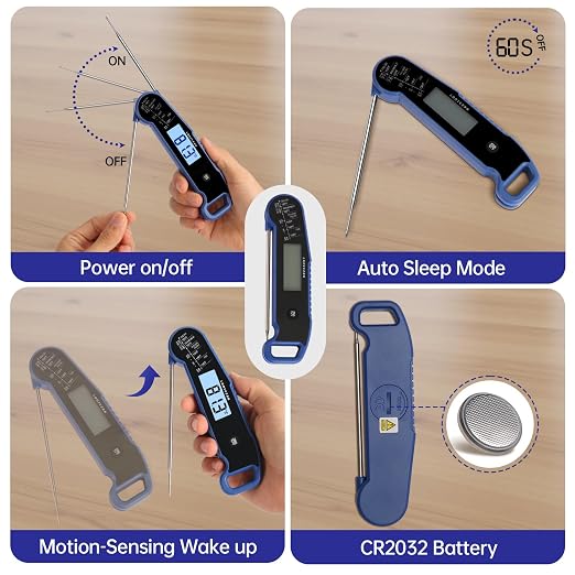 Lonicera Digital Meat Thermometer for Food Cooking. Instant Read Within 1 Sec and ±0.9℉ Accuracy with Thermocouple Sensor. IP67 Waterproof, Auto-Rotating Display, Auto Wake up (Blueberry)