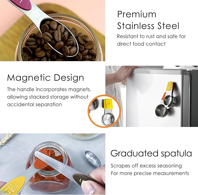 16PCS Magnetic Measuring Cups & Spoons Set,Heavy Duty 304 Stainless Steel，Double Measurement Easy to Read Markings with Leveler for Measure Dry or Liquid Ingredients ﻿