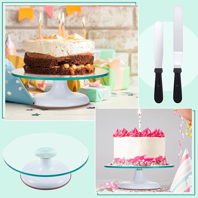 Willinglong 6 Pcs 12 Inch Cake Turntable Set Glass Rotating Cake Spinner Stand Decorating Supplies with 2 Aluminum Alloy Spatulas 3 Icing Smoother Scraper for Birthday Wedding Party Baking