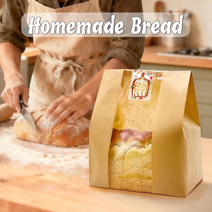 BIUBIU 16 x 10 x 5 Inches Extra Large Paper Bread Bags for Homemade Bread with Window and Sticker for XL Sourdough Bread, Supersized Loaf, Baked Goods, Packaging for Gifting - Brown Kraft 25 Pack