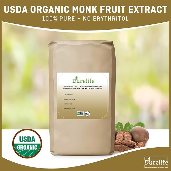 DureLife Organic 100% Pure Monk Fruit Sweetener, No Erythritol, 704 Oz | Zero Calorie Sugar Substitute, No Fillers, Keto Certified, OU Kosher, USDA Organic, Non-GMO Project Verified