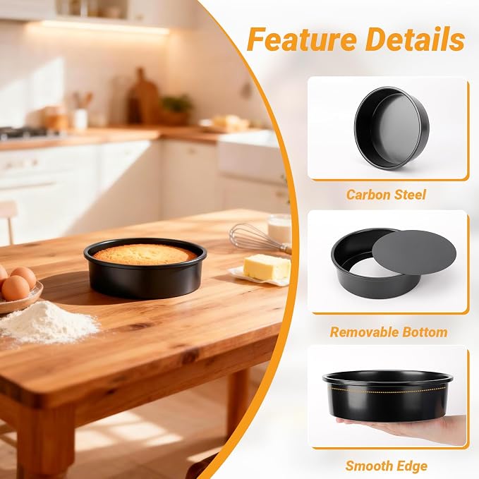 Beasea Round Cake Pans, 3 Pack 8 Inch Carbon Steel Round Cake Pan with Removable Bottom, Nonstick Baking Mold Tin for Cheesecake