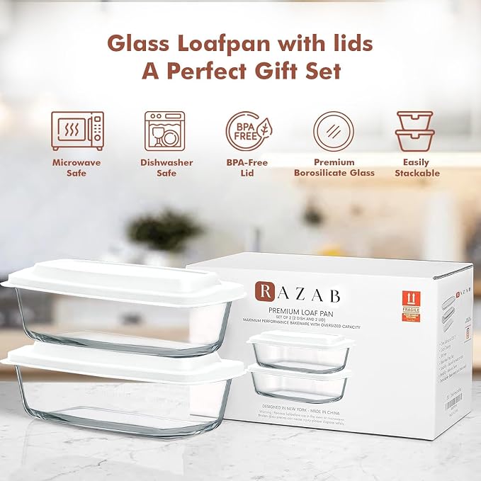 Razab LARGE 7.6 Cups/1800 ML/1.9 Qt Glass Loaf Pan with Lids (Set of 2) - Meatloaf Pan BPA free Airtight Lids Grip Handle Easy Carry, Microwave and Oven Safe - Loaf Pans For Baking Bread, Cakes