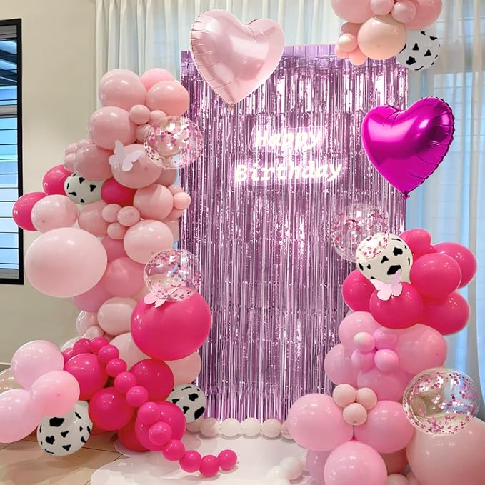 157Pcs Pink Cow Print Balloons Garland Arch Kit with Pink Fringe Curtain for Cowgirl Baby Shower First Rodeo Farm Wedding Birthday Party Decorations
