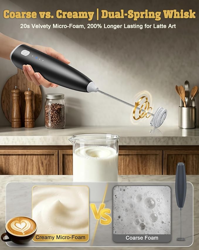 Milk Frother Handheld,Portable Electric Drink Mixer/Wand,Egg Whisk-Black | USB C Rechargeable | 3 Adjustable Speeds | 3 Detachable Whisks | Quiet Operation | For Coffee, Latte, Matcha,protein powder