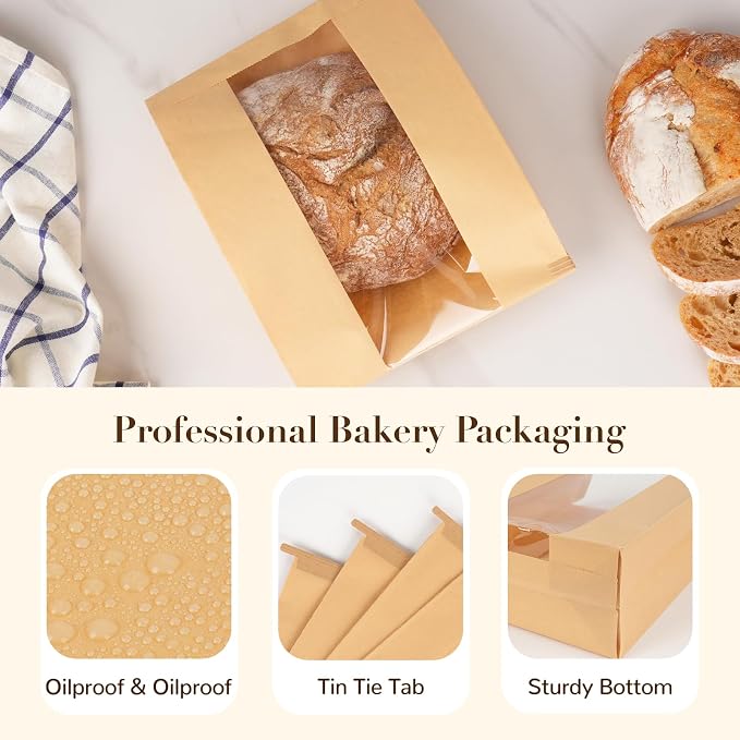 50 Pack Small Paper Bread Bags for Homemade Sourdough Bread, 7x3×11.5 Inches Resealable Tin Tie Tab Bakery Bags with Window for Half Loaves, Round Sourdough and Dozen Cookies