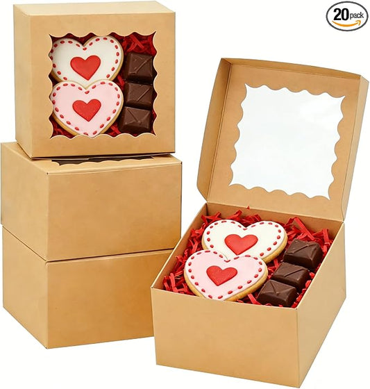 XINHPKGG 20pcs Cookie Boxes 4x4x2.5 Inch Bakery Boxes with Window Treat Box Dessert Box for Wedding Favors Party - Brown