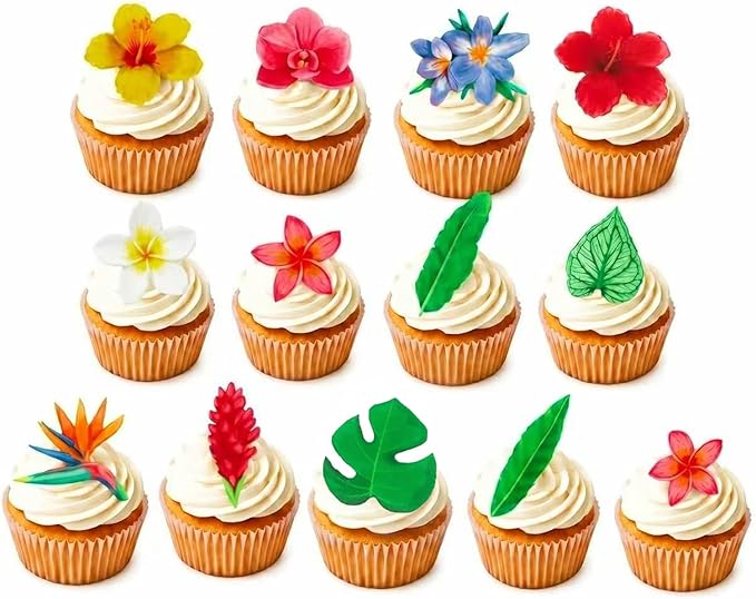 70pcs Edible Flowers Cake Decorations Tropical Hibiscus Flower & Leaf Wafer Paper Cake & Cupcake Toppers for Hawaiian Theme Birthday Party Decorating