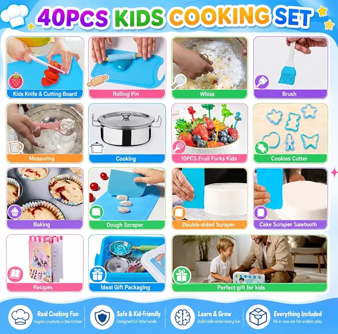 42-Piece Kids Cooking Set - Real Knife, Baking Set, Pots & Pans, Pretend Play Toys - Apron & Chef Hat for Boys